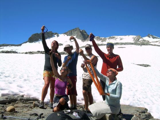 Before long we had a whole crew of hikers knitting. We started calling ourselves the High Alpine Knitting Club...here we are on Donohue Pass.
